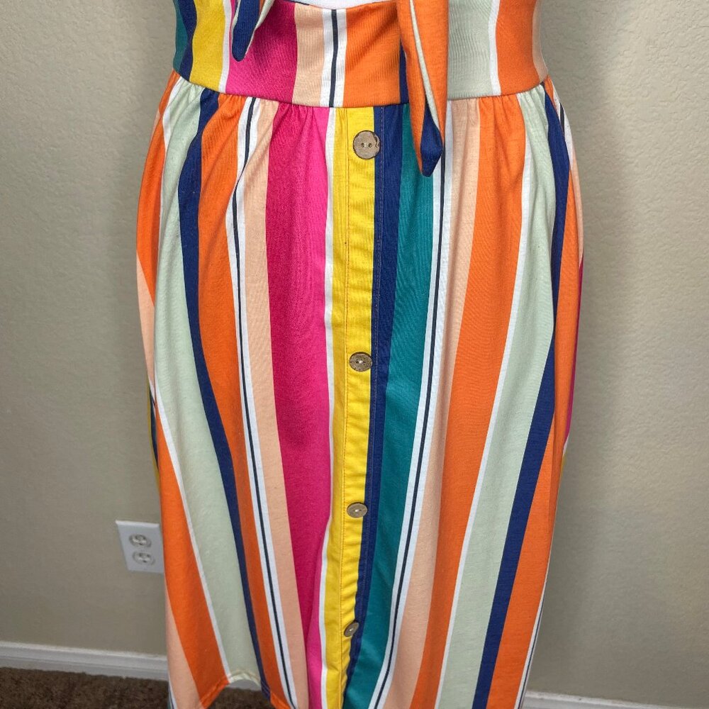 Cotton ModCloth Retro Rainbow Stripe Tie-Front Cutout Midi Dress Sundress L - Picture 4 of 13